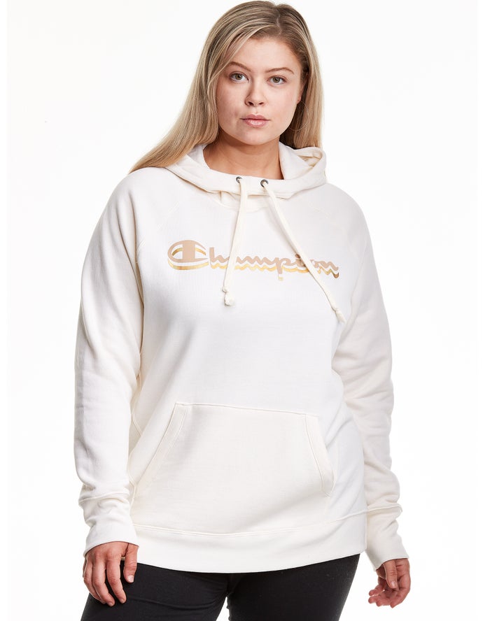 Champion Womens Hoodie NZ - Plus Powerblend Fleece Drop Shadow Foil Script Logo White ( 1459-QZLCN )